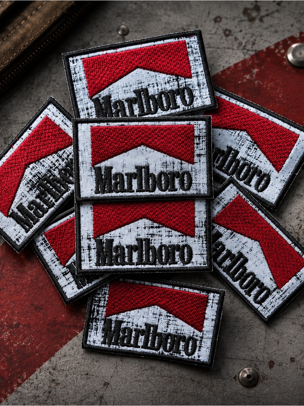 Marlboro Red and White Embroidered Logo Patch W/ Pattern Background
